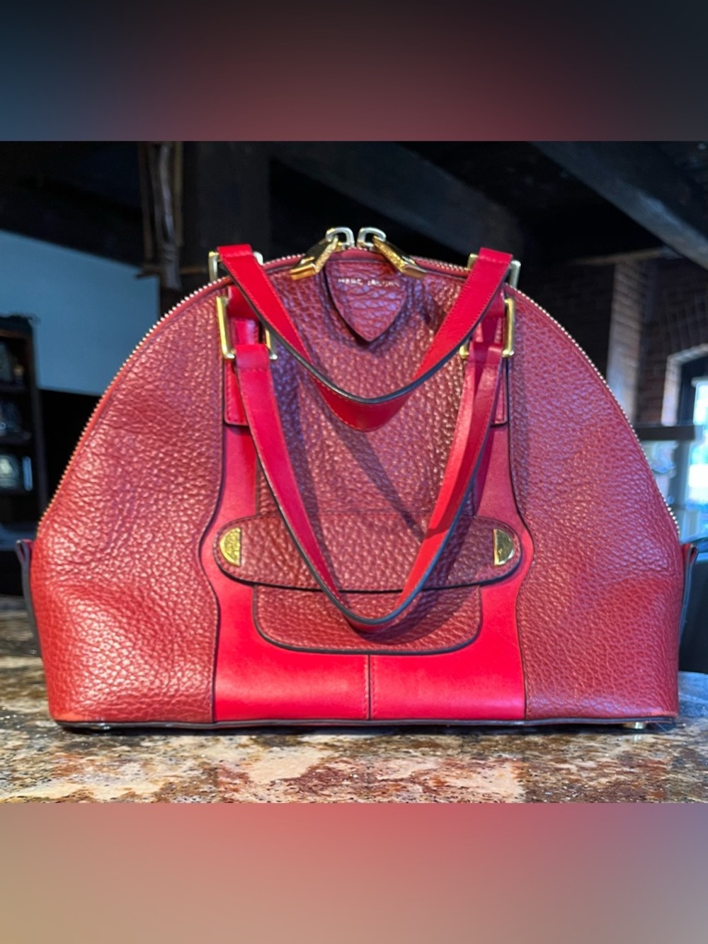 Marc Jacobs Sutton Dome 2 Tone Red Leather Luxury Handbag w Gold Tone Hardware